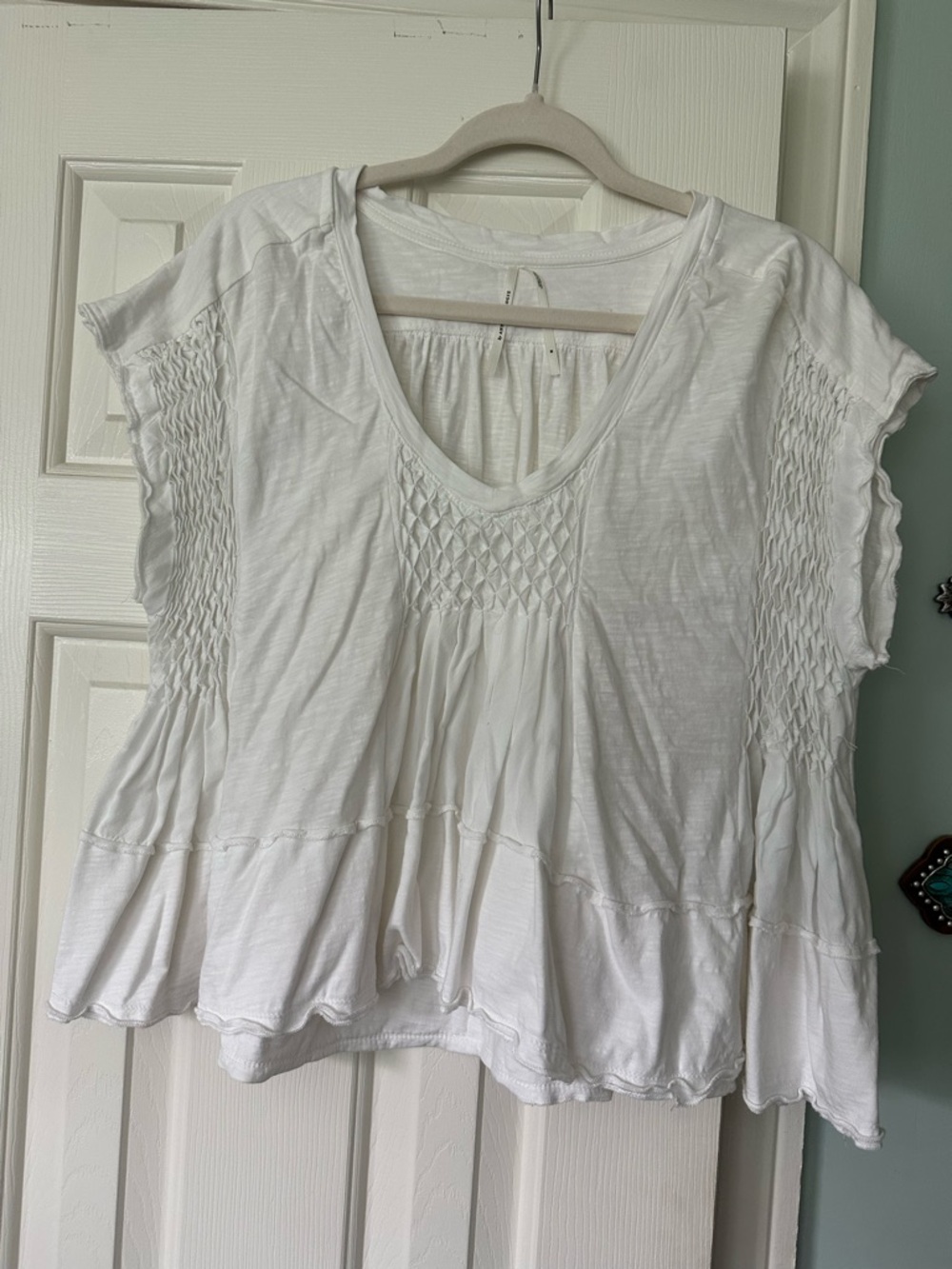 Anthropologie White Smocked Cotton Peasant Top
